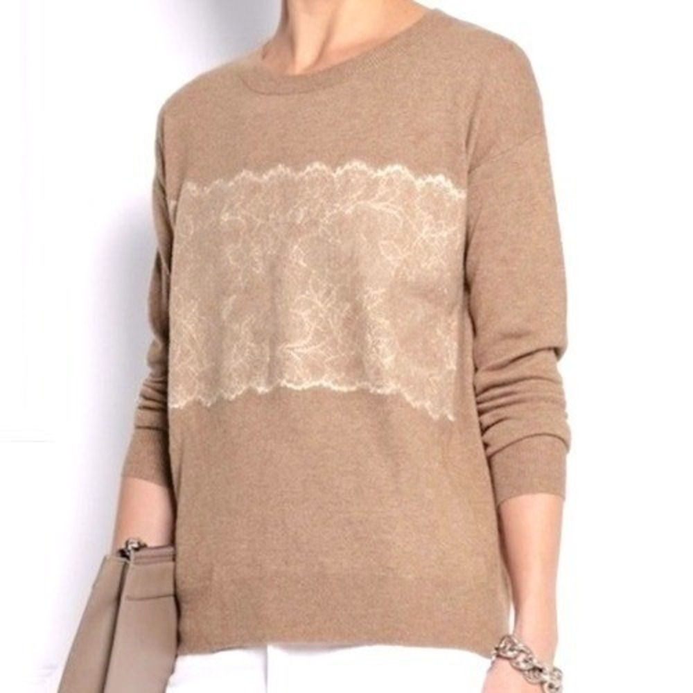 J.Crew Lace Panel Crewneck Sweater Womens Relaxed Fit Medium Brown Wool Blend